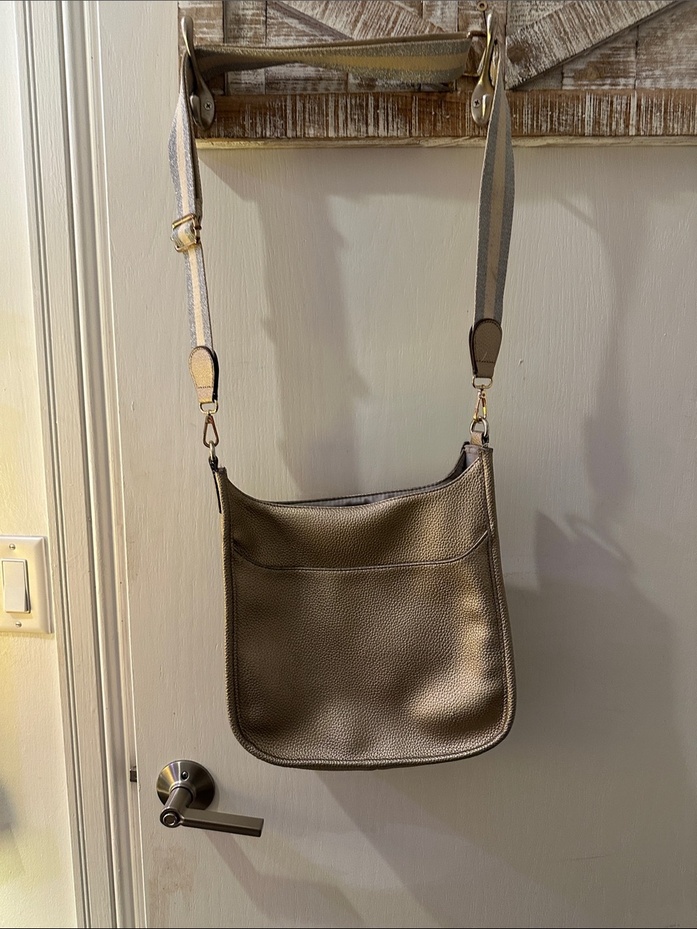 Joy Susan Taupe Pebbled Crossbody Bag with Striped Strap